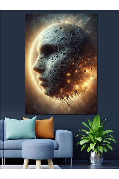 Tablomega Woman Face on the Moon Planet Decorative Canvas - Mdf Wooden Painting