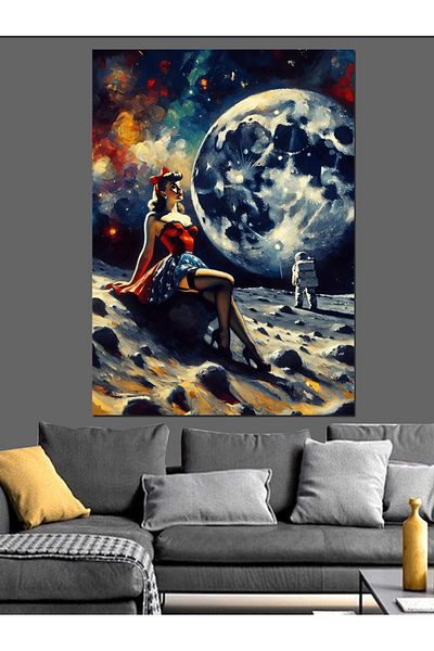 Tablomega Pin up Woman on the Moon Decorative Canvas - Mdf Wooden Painting