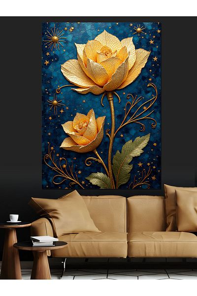 Tablomega Gold Colored Flowers Decorative Canvas - Mdf Wooden Painting