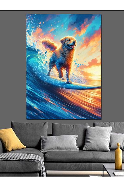 Tablomega Dog Surfing on a Wave Decorative Canvas - Mdf Wooden Painting