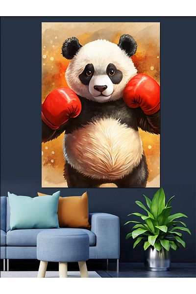 Tablomega Panda Decorative Canvas with Boxing Gloves - Mdf Wood Painting