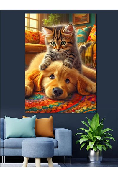 Tablomega Cats and Dog Decorative Canvas - Mdf Wooden Painting