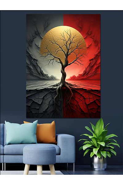 Tablomega Tree and Red Sun Decorative Canvas - Mdf Wooden Painting