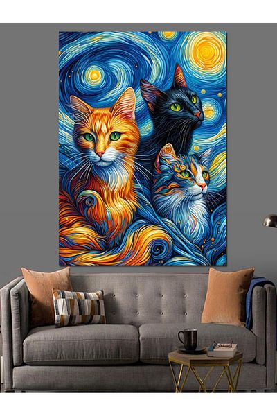 Tablomega Pânză decorativă cu pisici în stil Van Gogh - Lemn MDF