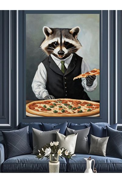 Tablomega Pizza Raccoon Decorative Canvas - Mdf Wooden Table