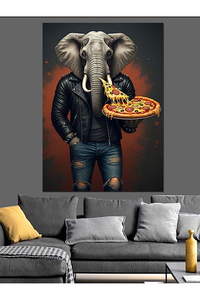 Tablomega Elephant Holding a Pizza Leather Jacket Decorative Canvas - Mdf Wooden Painting