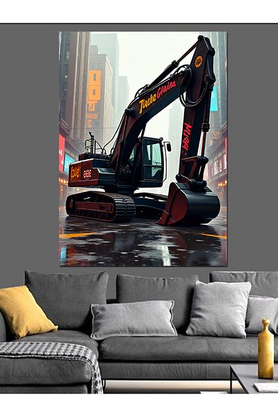 Tablomega Excavator on a Rainy Day Decorative Canvas - Mdf Wooden Painting