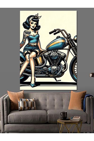 Tablomega Pânză Decorativă Femeie Motocicletă - Lemn MDF