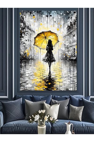 Tablomega Woman with Yellow Umbrella Decorative Canvas - Mdf Wooden Painting