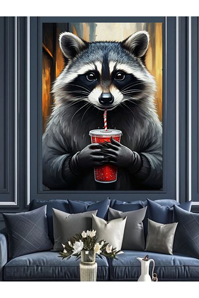 Tablomega Raccoon Drinking Cola Decorative Canvas - Mdf Wooden Painting