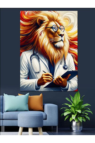 Tablomega Doctor Lion Decorative Canvas - Mdf Wooden Table