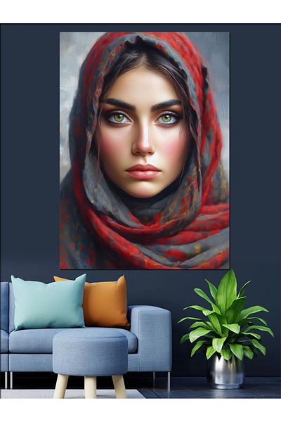 Tablomega Woman in Red Hijab Decorative Canvas - Mdf Wooden Painting