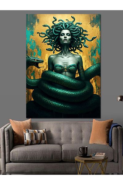 Tablomega Medusa Decorative Canvas with Stone - Mdf Wooden Table