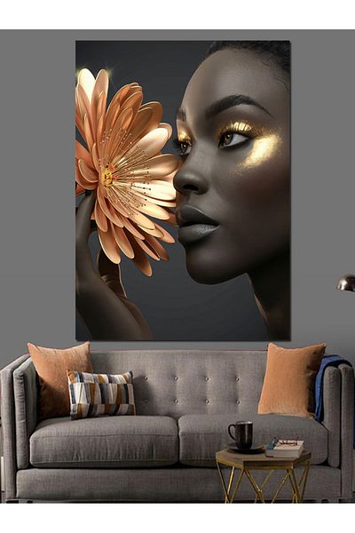 Tablomega Golden Flower and Women Decorative Canvas - Mdf Wooden Painting