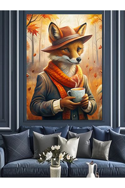 Tablomega Fox Drinking Tea Decorative Canvas - Mdf Wooden Painting