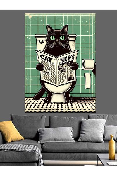 Tablomega Cat Reading Newspaper in the Toilet Decorative Canvas - Mdf Wooden Painting