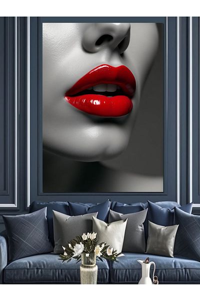 Tablomega Bright Red Lips Decorative Canvas - Mdf Wooden Painting