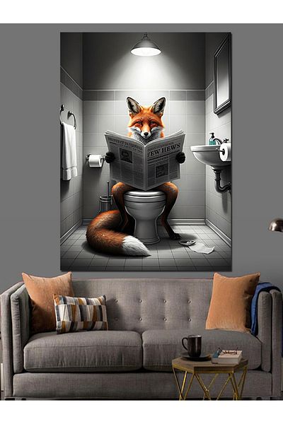 Tablomega Fox in the Toilet Decorative Canvas - Mdf Wooden Painting