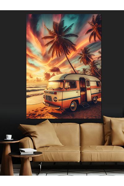 Tablomega Camper Caravan on the Beach Decorative Canvas - Mdf Wooden Painting