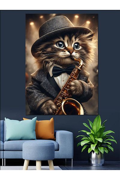 Tablomega Cat Playing Saxophone Decorative Canvas - Mdf Wooden Painting