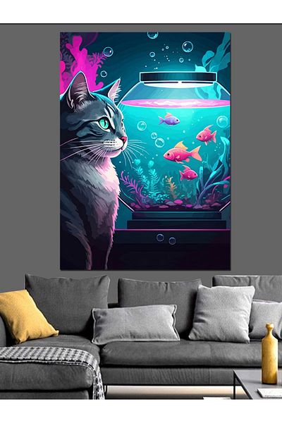 Tablomega Aquarium Cat Decorative Canvas - Mdf Wooden Painting
