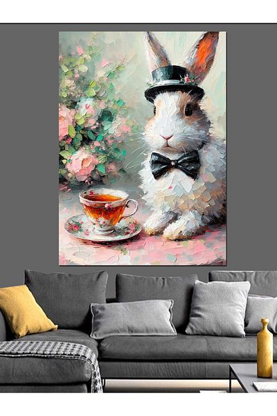 Tablomega Rabbit Drinking Tea with Hat Decorative Canvas - Mdf Wooden Painting