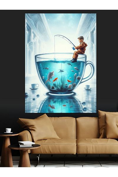 Tablomega Man Holding a Fish in a Teacup Decorative Canvas - Mdf Wooden Painting