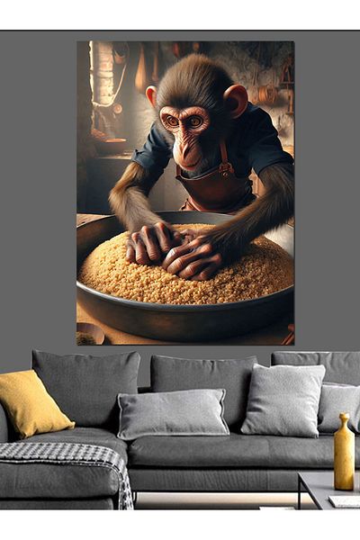 Tablomega Bulgur Kneading Monkey Decorative Canvas - Mdf Wooden Table