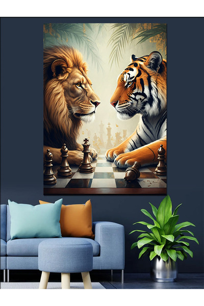 KanvasSepeti Leu și tigru care joacă șah Pictură în ulei Texturată Pânză de î...