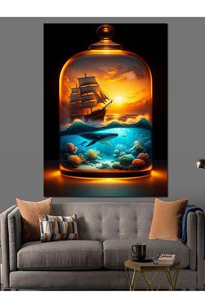 Tablomega Ship in a Glass Jar Decorative Canvas - Mdf Wooden Table