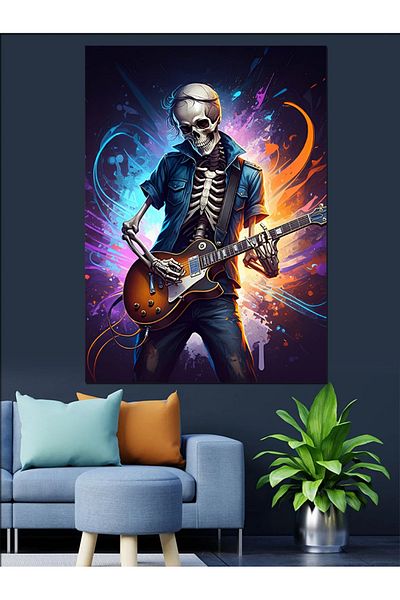 Tablomega Skeleton Playing Guitar Decorative Canvas - Mdf Wooden Painting