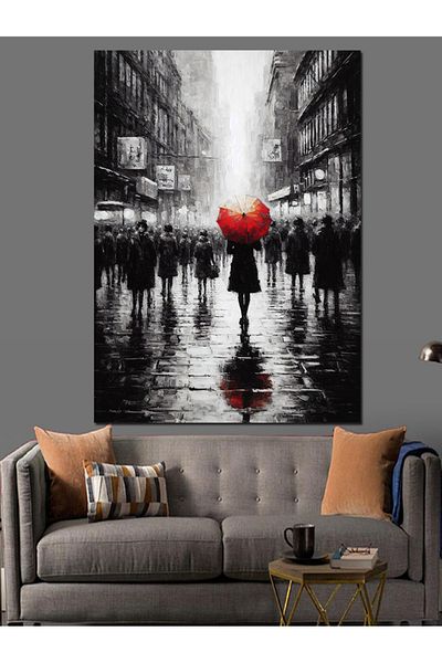 Tablomega Red Umbrella Decorative Canvas in the Rainy City - Mdf Wooden Painting