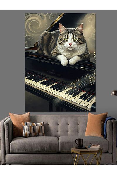 Tablomega Cat on the Piano Decorative Canvas - Mdf Wooden Painting
