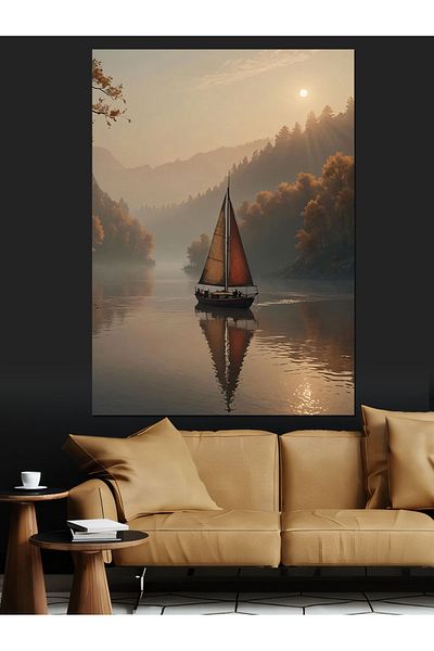 Tablomega Pânză decorativă cu barca cu pânze pe lac - Lemn MDF