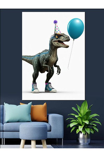 Tablomega Dinosaur Decorative Canvas with Party Hat - Mdf Wooden Painting