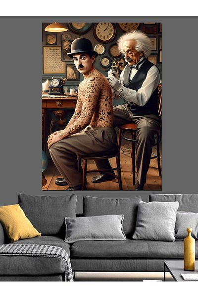 Tablomega Tattooist Einstein and Chaplin Decorative Canvas - Mdf Wooden Painting
