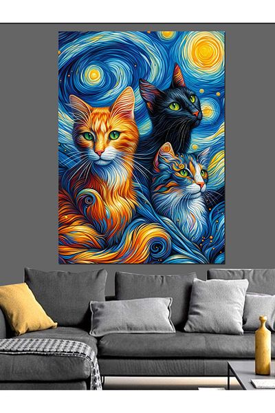 Tablomega Pânză decorativă cu pisici în stil Van Gogh - Lemn MDF