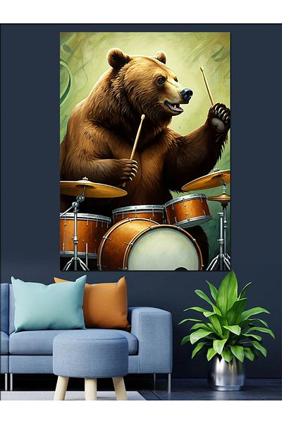 Tablomega Drum Playing Bear Decorative Canvas - Mdf Wooden Table