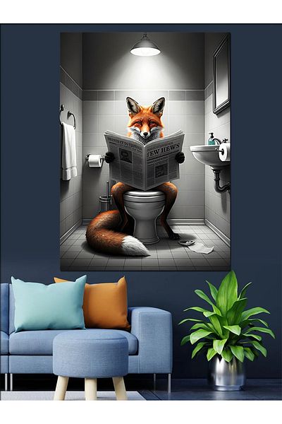 Tablomega Fox in the Toilet Decorative Canvas - Mdf Wooden Painting