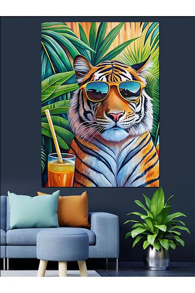Tablomega Tiger with Glasses Decorative Canvas - Mdf Wooden Painting