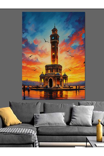 Tablomega Izmir Clock Tower Sunset Decorative Canvas - Mdf Wooden Painting