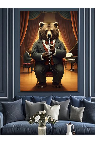 Tablomega Clarinet Playing Bear Decorative Canvas - Mdf Wooden Painting