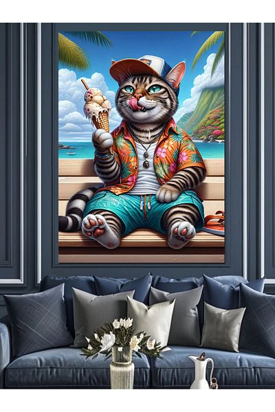 Tablomega Cat on Vacation Decorative Canvas - Mdf Wooden Painting