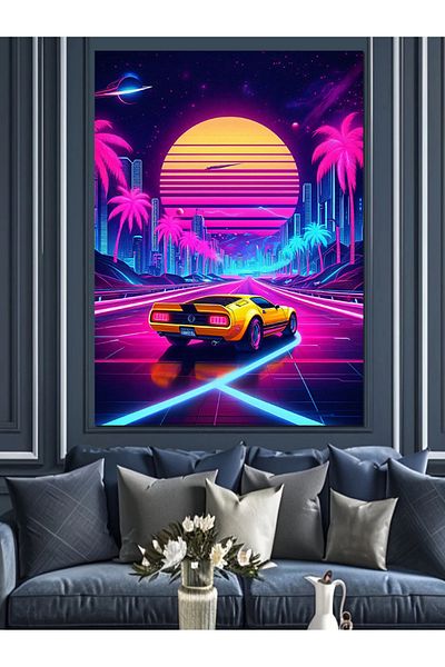 Tablomega Sports Car Decorative Canvas with Neon Sunset - Mdf Wooden Painting
