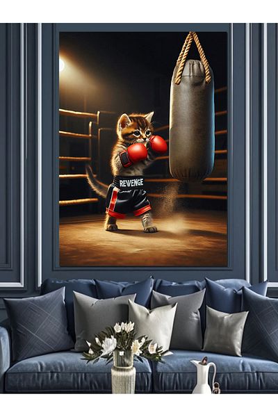 Tablomega Cat Hitting a Boxing Bag Decorative Canvas - Mdf Wooden Painting
