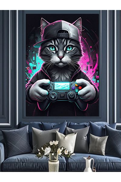 Tablomega Cat Playing with Game Console Decorative Canvas - Mdf Wooden Painting