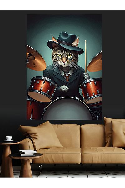 Tablomega Cat Playing Drum Hat Decorative Canvas - Mdf Wooden Painting