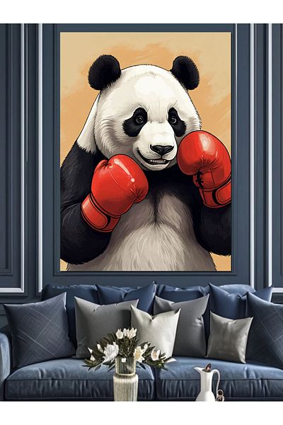 Tablomega Panda Decorative Canvas with Boxing Gloves - Mdf Wood Painting