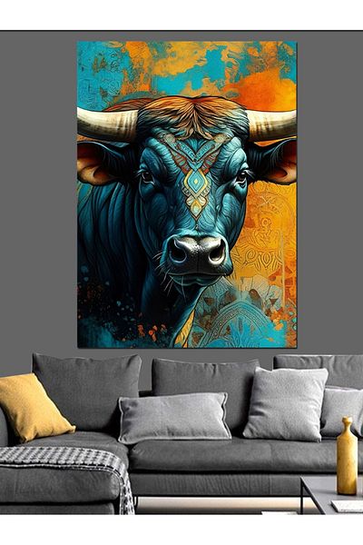 Tablomega Blue Bull Decorative Canvas - Mdf Wooden Painting