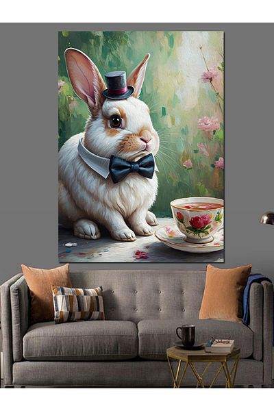 Tablomega Tie Rabbit and Tea Decorative Canvas - Mdf Wooden Painting